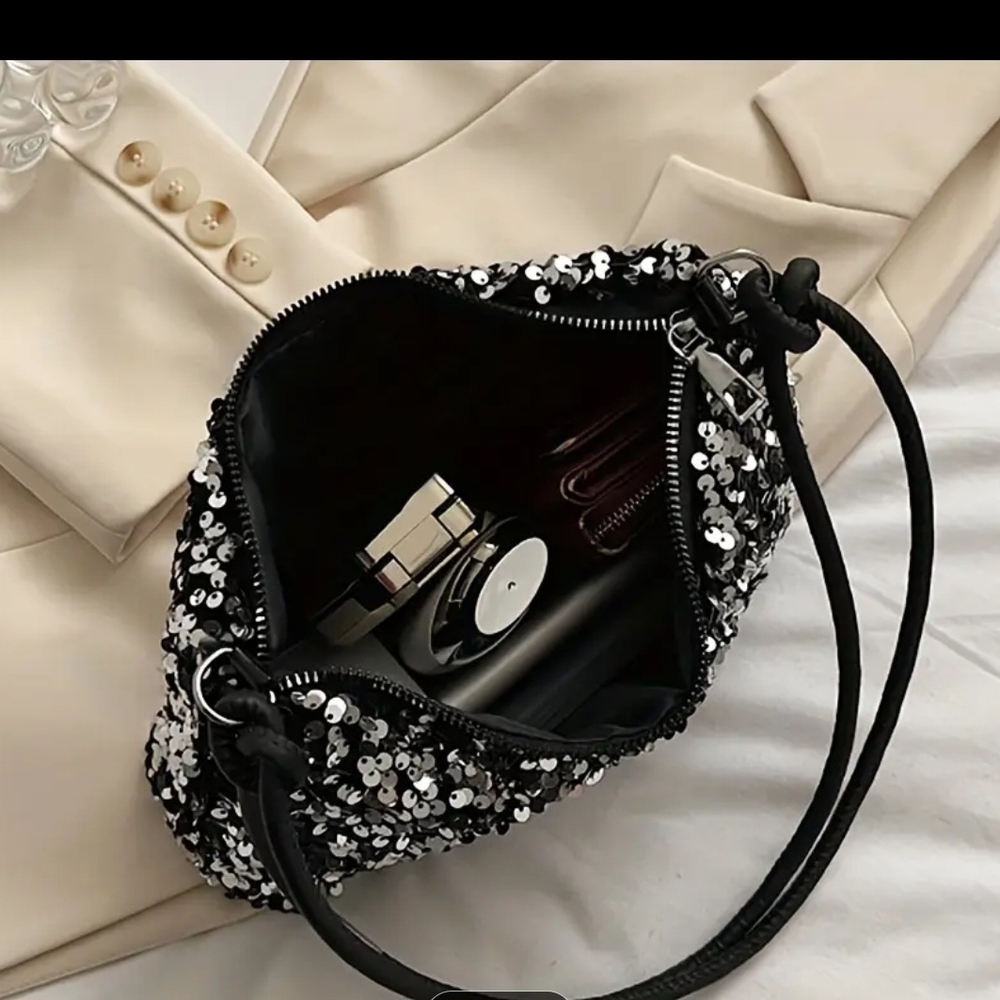 Glamorous Black and Silver Sequin Shoulder Bag - Picture 5 of 5